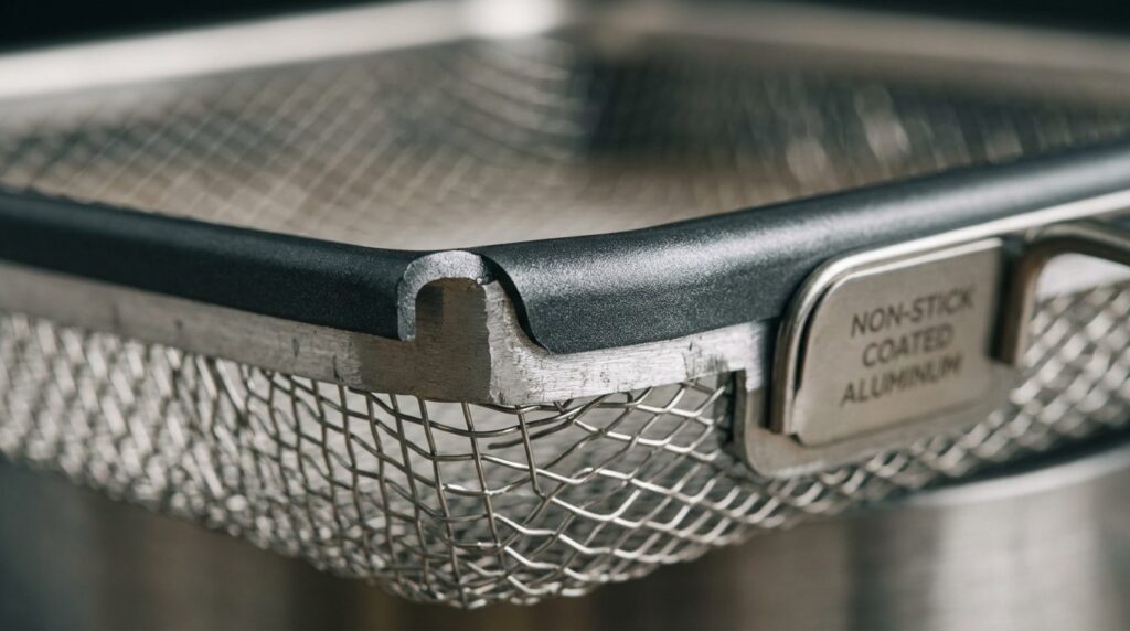 Macro photography of air fryer basket materials comparison, 