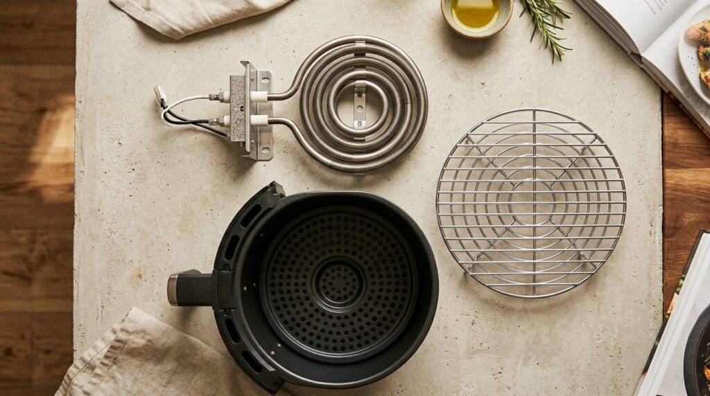Flat lay product photography of air fryer components disasse