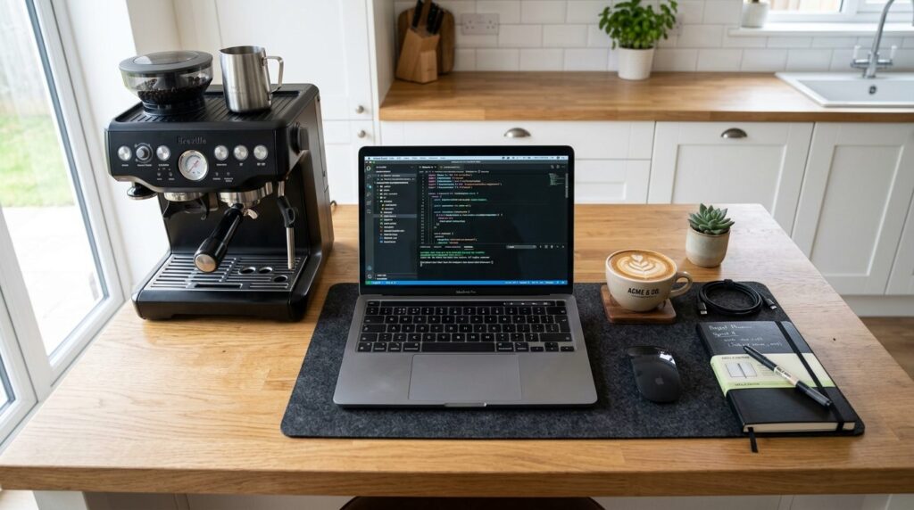 Overhead flat lay of a sleek coffee machine next to an open 