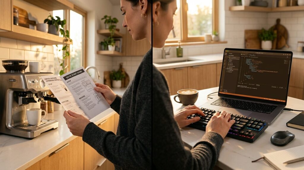 Split-screen style composition: left side shows hands holdin
