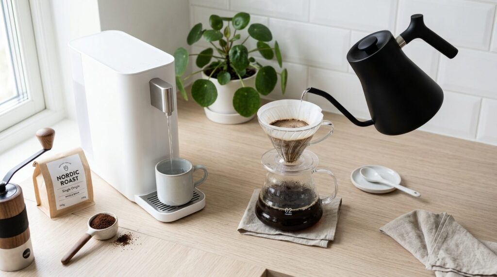 Overhead flat-lay of a freshly brewed pour-over coffee in a 