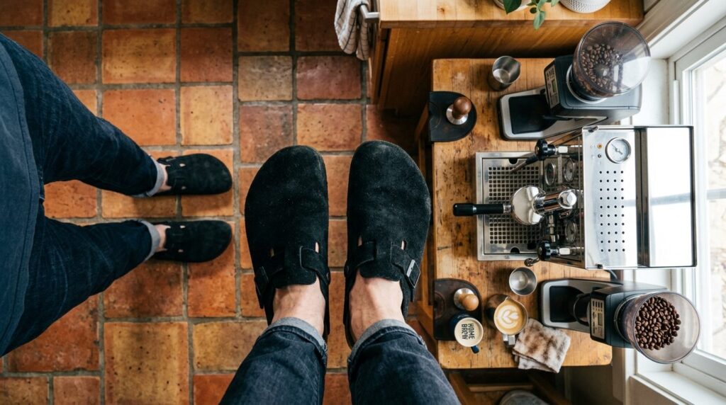 Close-up overhead shot of person wearing black suede Birkens