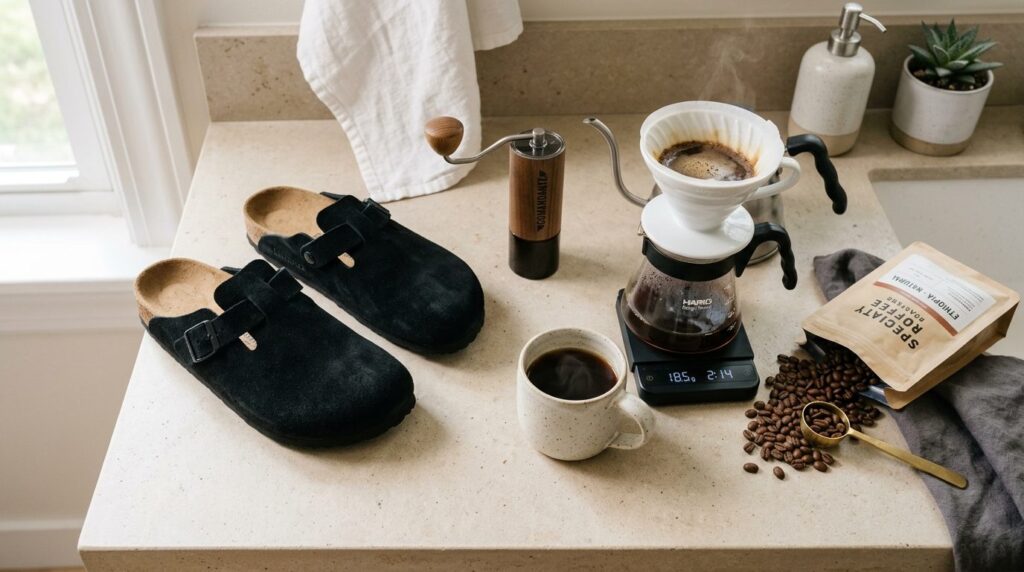Flat lay composition featuring black suede Birkenstock Bosto