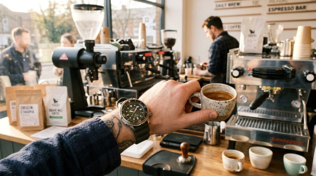 Lifestyle product photography of a precision coffee enthusia