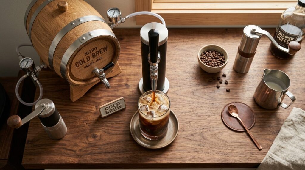 Overhead flat-lay style product photography of a cold brew c