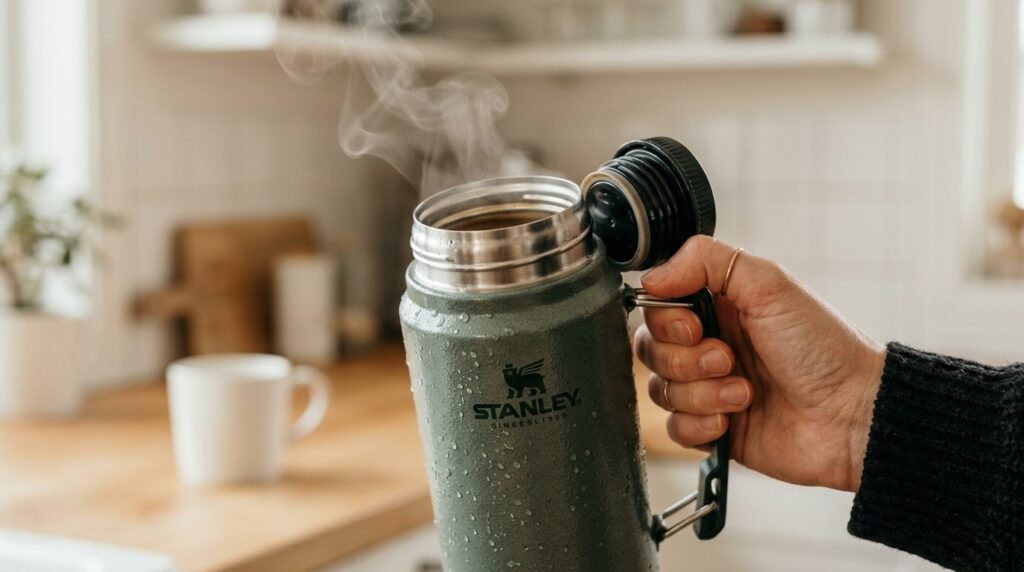 Close-up detailed shot of a hand holding a Stanley thermal b