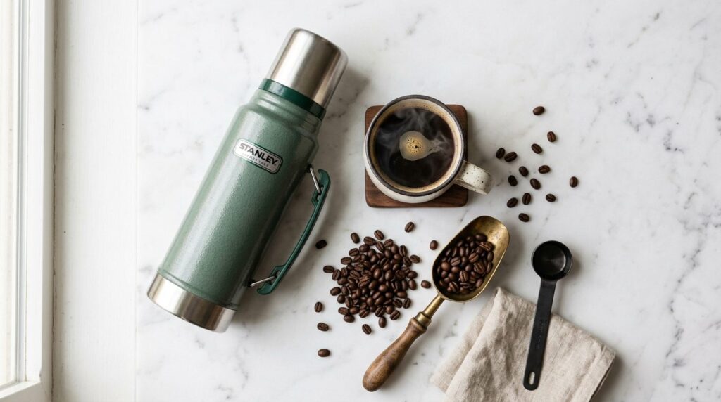 Flat lay composition of premium coffee accessories including