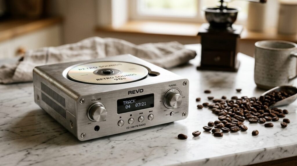 Close-up product photograph of a retro CD player in brushed 