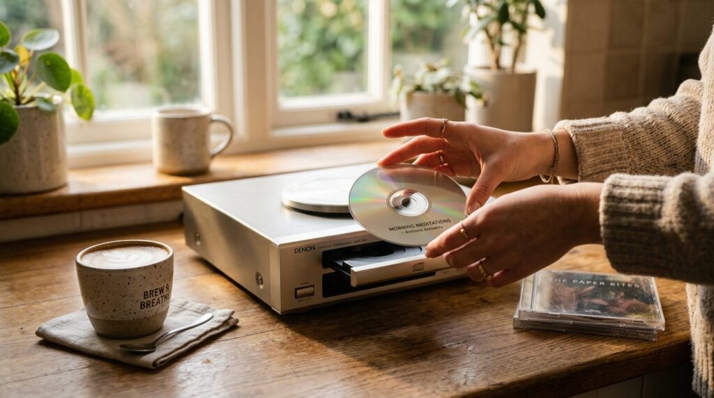 Lifestyle shot of a persons hands carefully placing a CD in