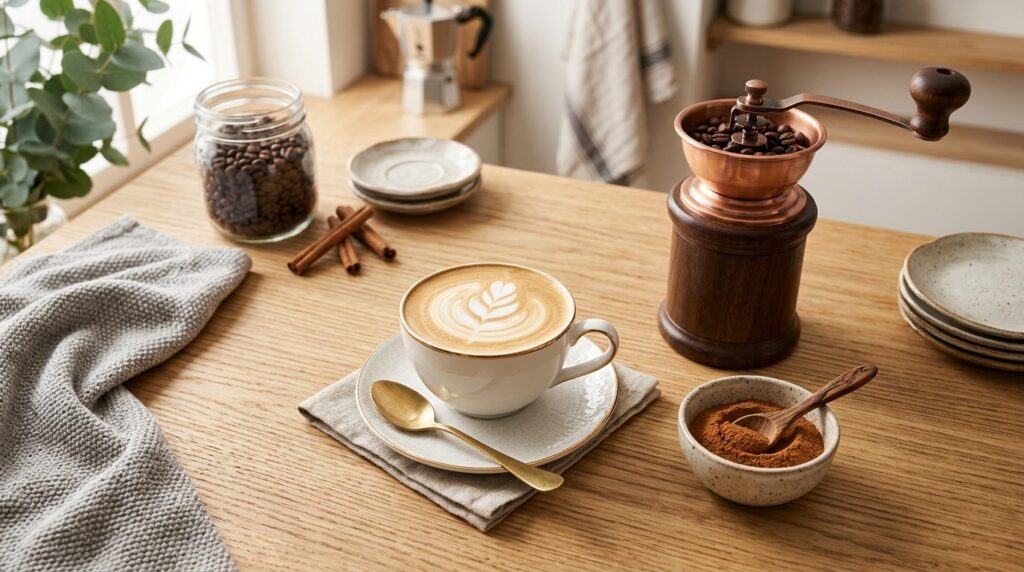 Luksøst kaffeopstilling set fra oven med porcelænsudstyr på en bordplade.
