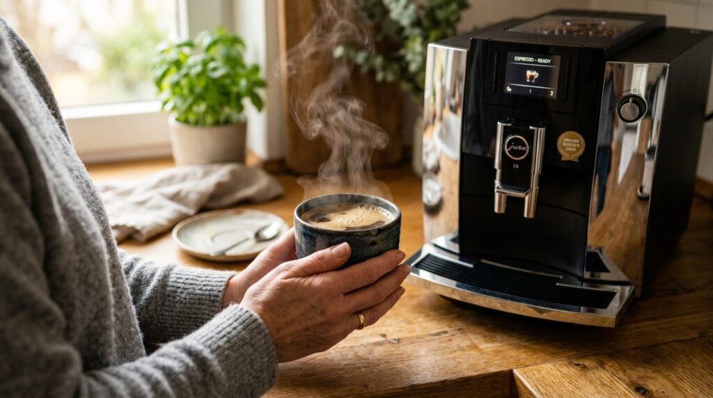 Hænder holder en varm kaffekop med damp, der stiger op fra den.