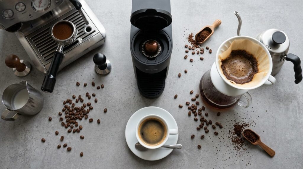 Tre forskellige kaffemaskiner arrangeret ovenfra på fladt underlag.