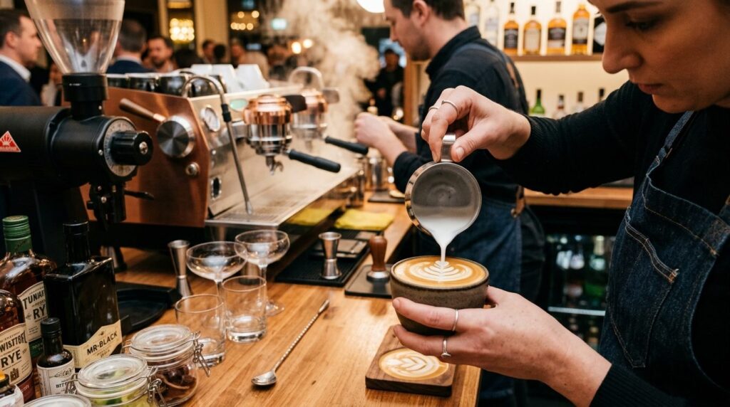 Close-up of skilled bartenders hands crafting a coffee-base