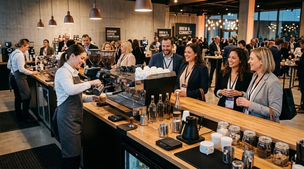 Wide shot of professional bartender station at upscale coffe
