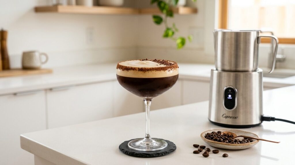 Glas med mørk kaffe-koncentrat, stillestående og elegant fotograferet fra tæt på.