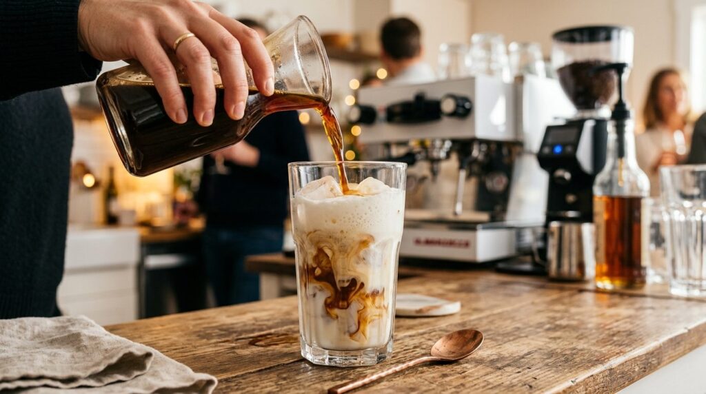 Tykt kaffe-koncentrat hældes i bevægelse ned i et glas.