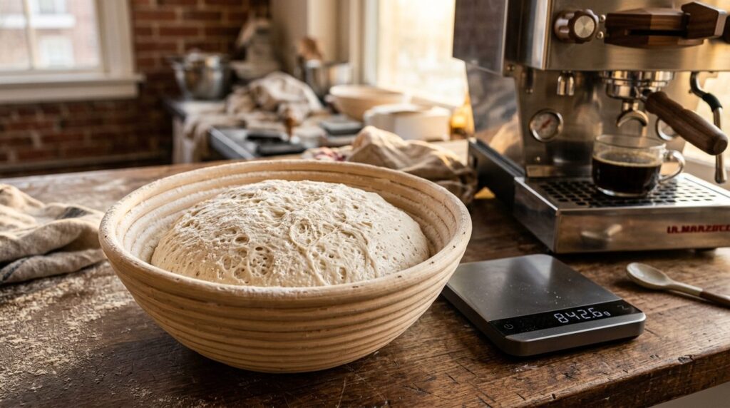 Photorealistic close-up of a freshly pulled cold-risen dough