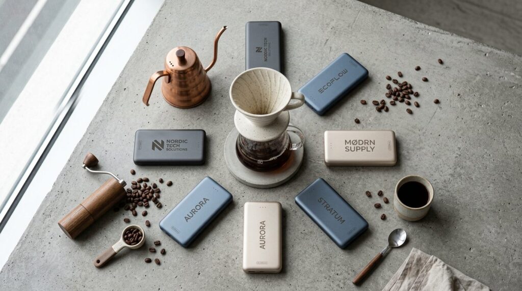 Flere powerbanks med logo arrangeret fra oven på flad overflade.
