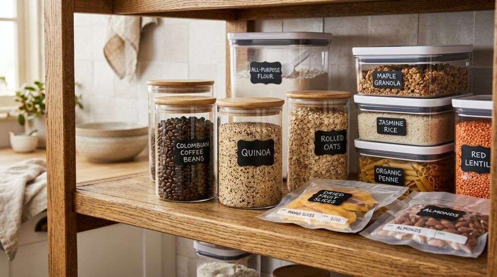 Close-up detailed view of sealed airtight containers and pro