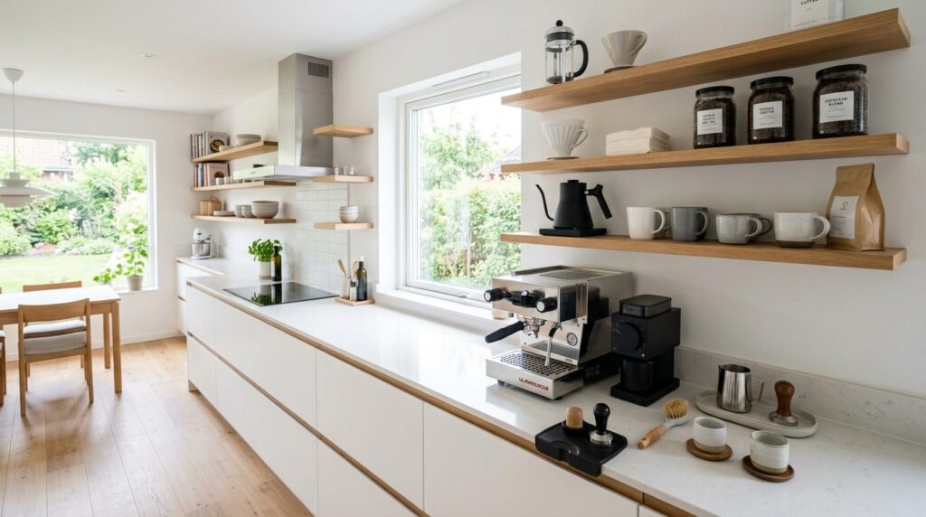 Wide angle shot of a pristine Scandinavian kitchen with open