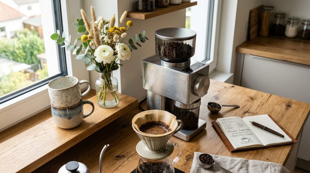 Close-up overhead shot of a curated coffee station in a mode
