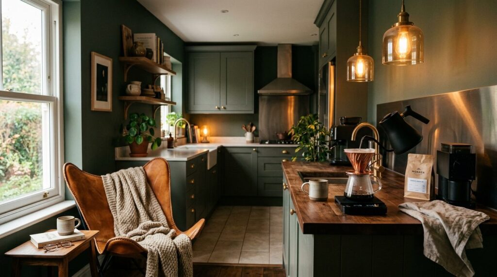Moody atmospheric kitchen interior with dark sage green wall