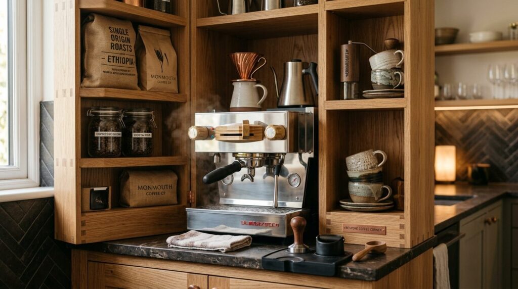 Close-up photorealistic shot of a bespoke kitchen workspace 
