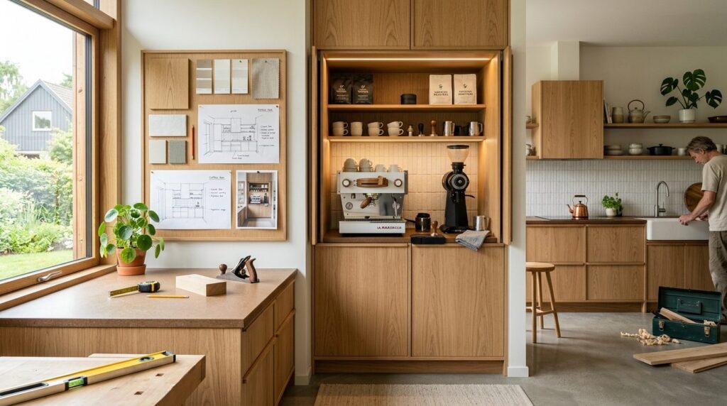 Photorealistic image of a custom Scandinavian kitchen interi