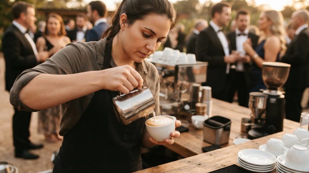 Close-up of a professional barista pouring creamy latte art 