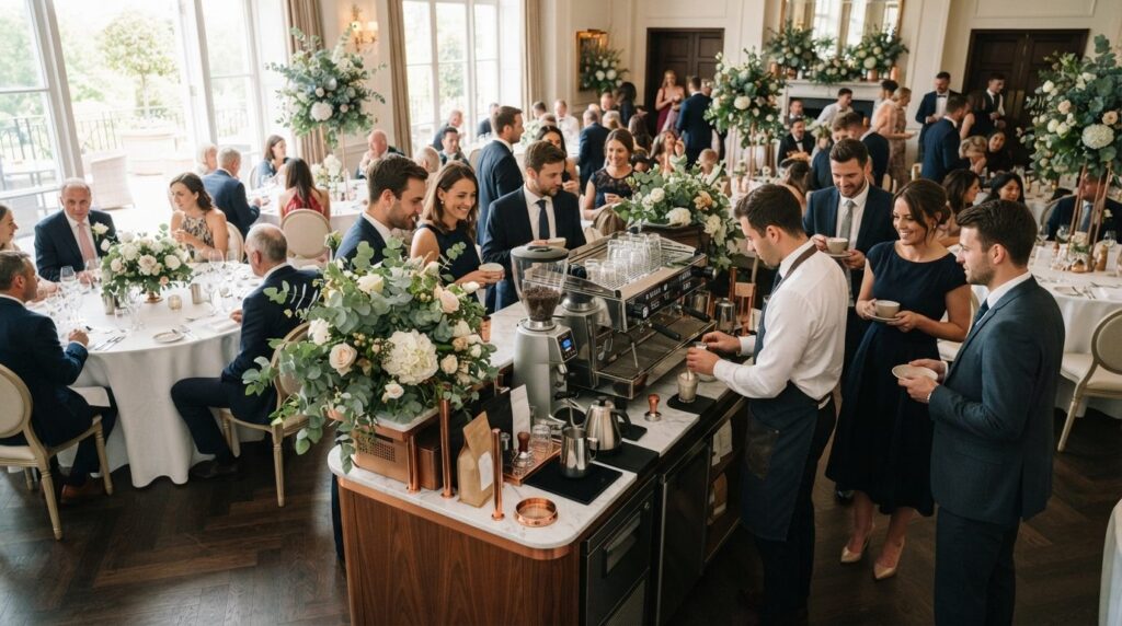 Wide shot of guests at a formal celebration gathering around